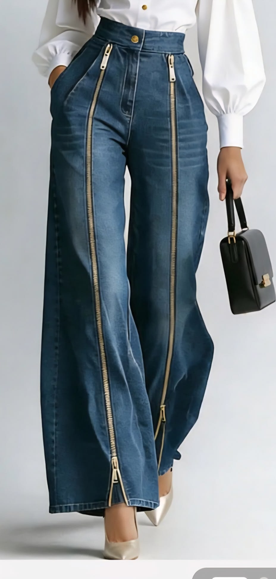 European Women High Waist Wide Leg Jeans Metal Zippper Spliced Split Hem Floor Length Denim Trousers