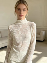 Women Lace  Mesh Top High Neck Long Sleeve Sheer Blouse Slim Fit  Layered Shirt Florat Embroidery Base Layer Top