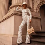 New Elegant Lace Jumpsuit Floral Embroidery Vintage Slim-Fit Women,S bodysuit