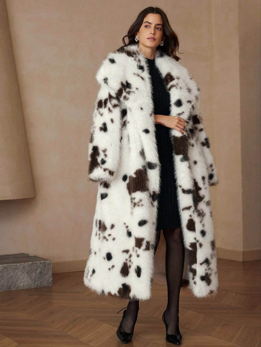 Vernalux 2026 Chic Eleegant Shaggy Cow Print Faux Fur Coat Notched Lapel Shaggy Plush Single Boxy Midi Overcoat